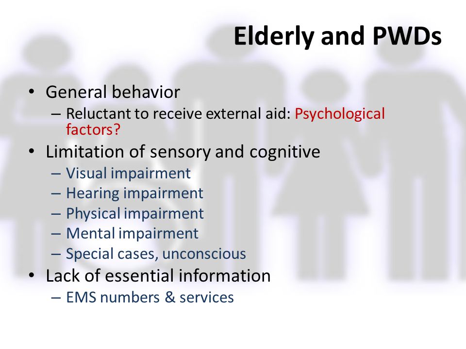 Elderly and PWDs General behavior Limitation of sensory and cognitive