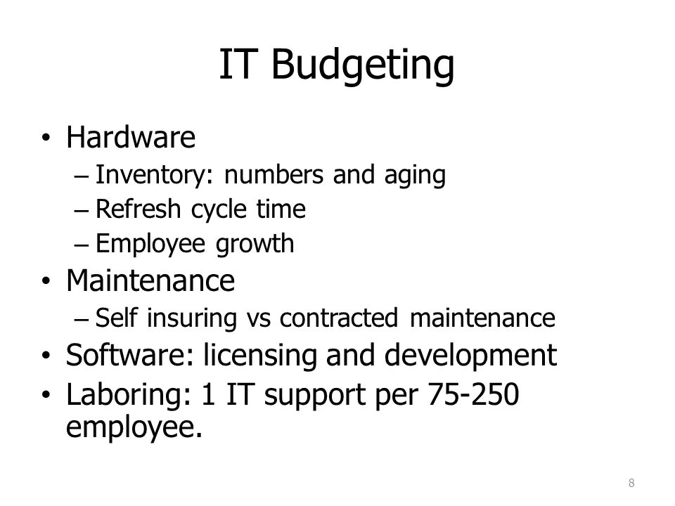 IT Budgeting Hardware Maintenance Software: licensing and development