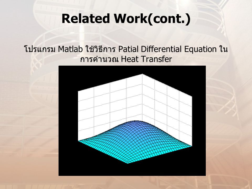 Related Work(cont.) โปรแกรม Matlab ใช้วิธีการ Patial Differential Equation ในการคำนวณ Heat Transfer