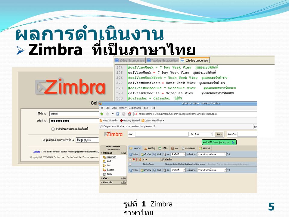 ผลการดำเนินงาน Zimbra ที่เป็นภาษาไทย รูปที่ 1 Zimbra ภาษาไทย