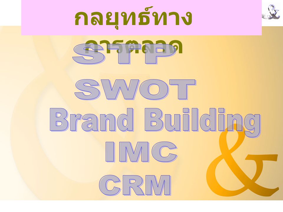 กลยุทธ์ทางการตลาด STP SWOT Brand Building IMC CRM