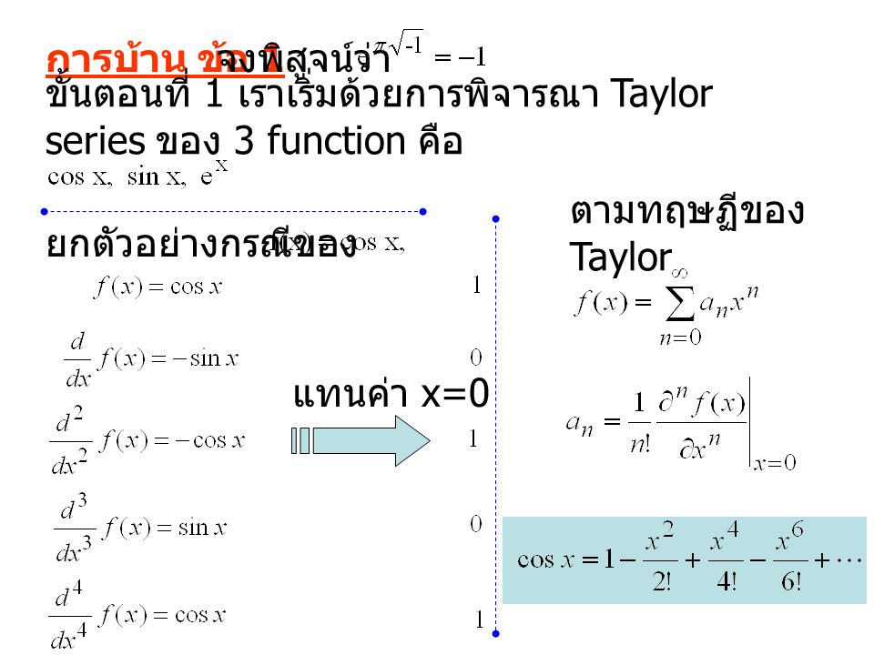 การบ้าน ข้อ 1 จงพิสูจน์ว่า. ขั้นตอนที่ 1 เราเริ่มด้วยการพิจารณา Taylor series ของ 3 function คือ. ตามทฤษฏีของ Taylor.