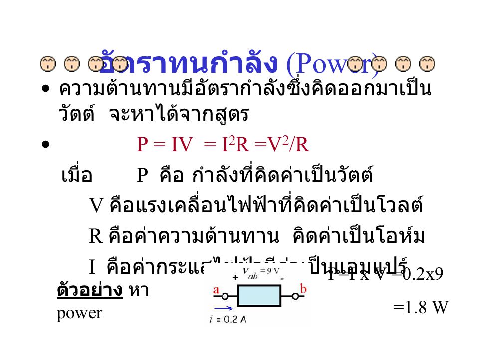 อัตราทนกำลัง (Power) ความต้านทานมีอัตรากำลังซึ่งคิดออกมาเป็นวัตต์ จะหาได้จากสูตร. P = IV = I2R =V2/R.