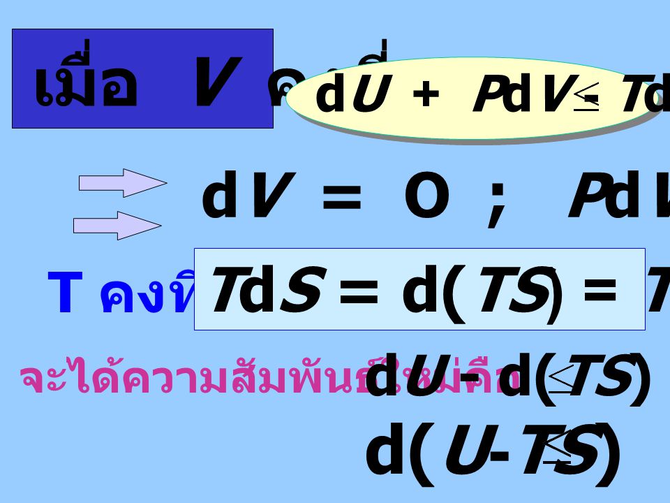 เมื่อ V คงที่ d(U-TS) O dV = O ; PdV = O TdS = d(TS) = TdS + SdT