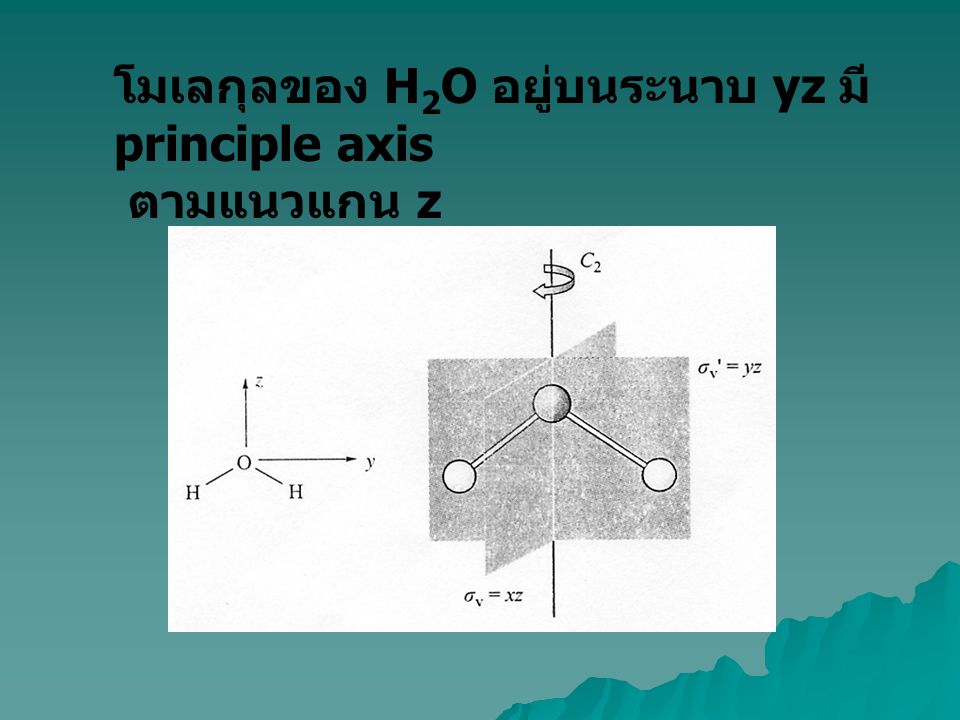 โมเลกุลของ H2O อยู่บนระนาบ yz มี principle axis