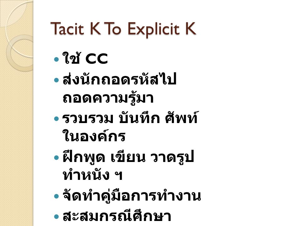 Tacit K To Explicit K ใช้ CC ส่งนักถอดรหัสไปถอดความรู้มา