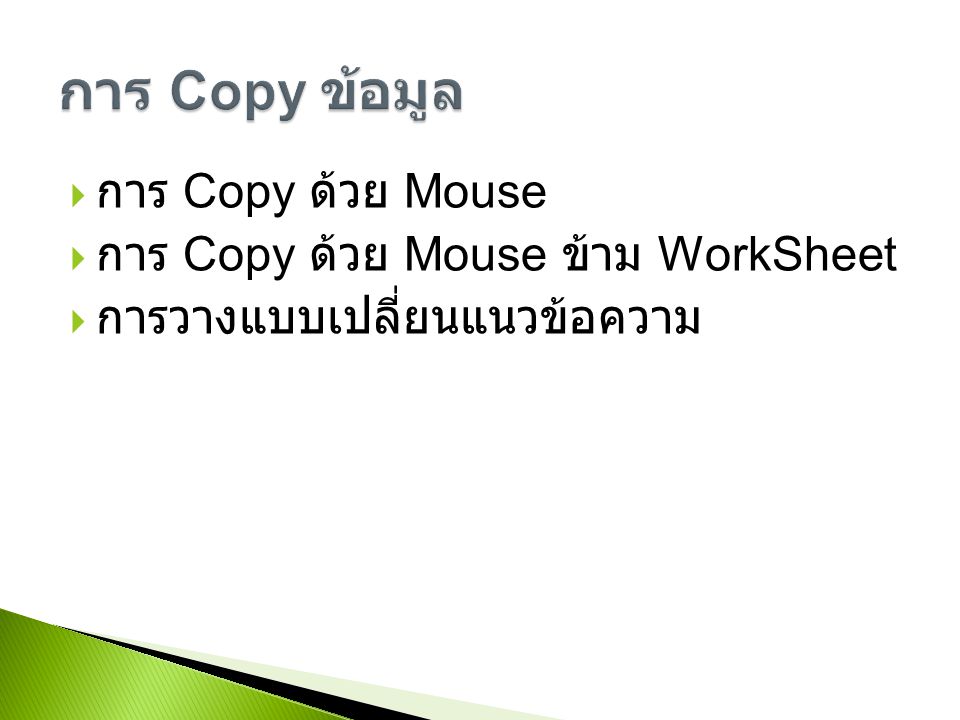 การ Copy ข้อมูล การ Copy ด้วย Mouse การ Copy ด้วย Mouse ข้าม WorkSheet