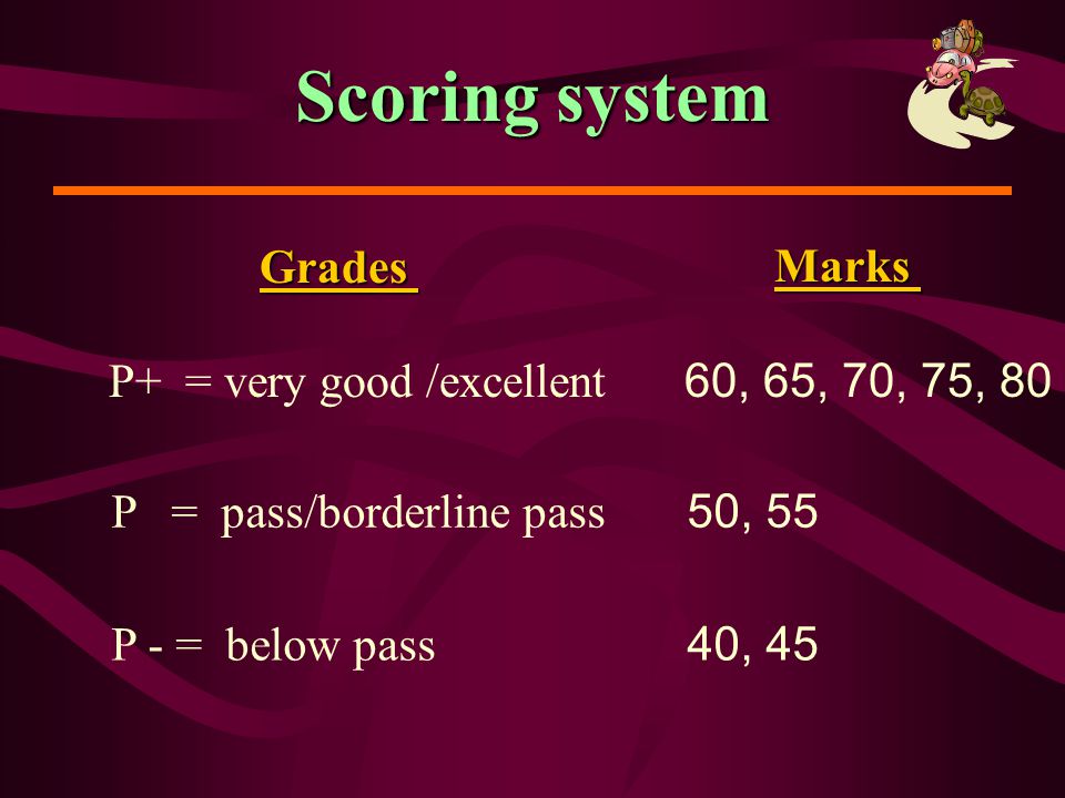 Scoring system Grades Marks P+ = very good /excellent