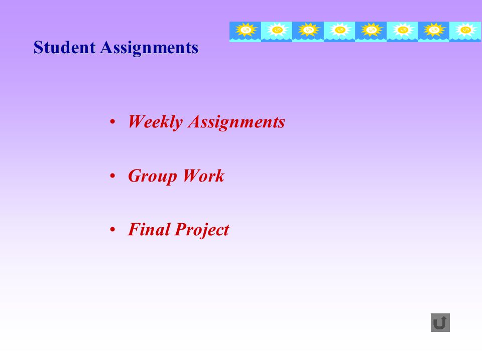 Student Assignments Weekly Assignments Group Work Final Project