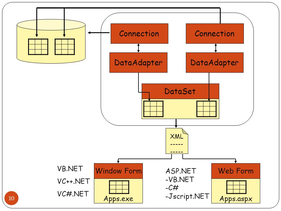 Connection Connection DataAdapter DataAdapter DataSet Window Form