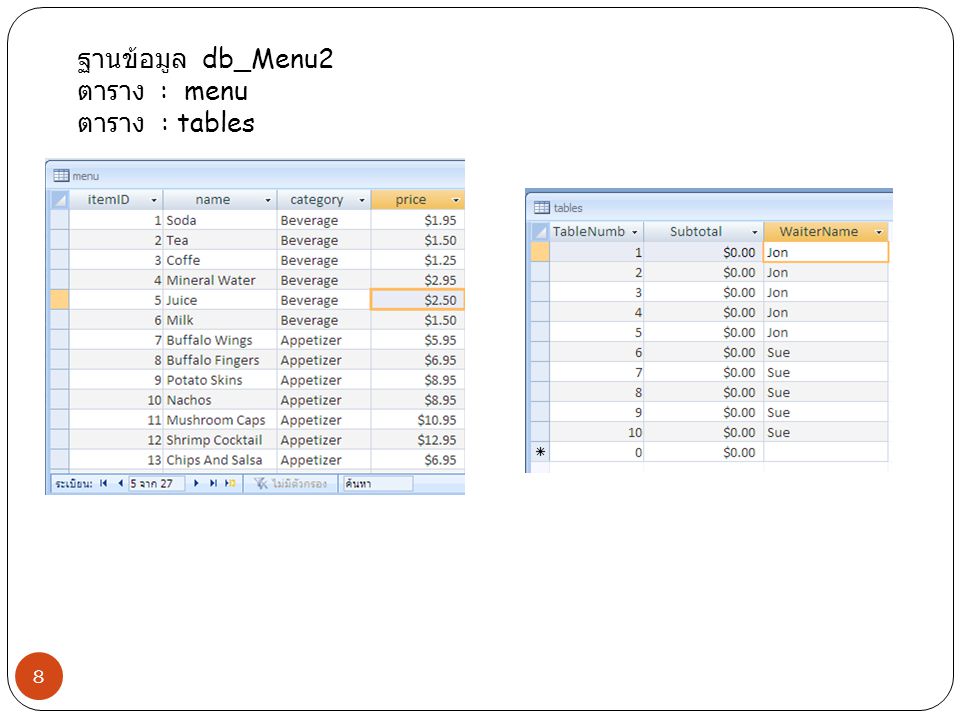 ฐานข้อมูล db_Menu2 ตาราง : menu ตาราง : tables