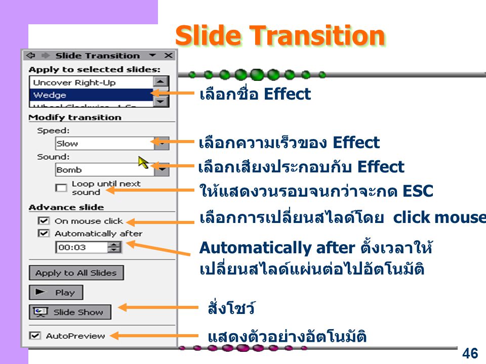 Slide Transition เลือกชื่อ Effect เลือกความเร็วของ Effect