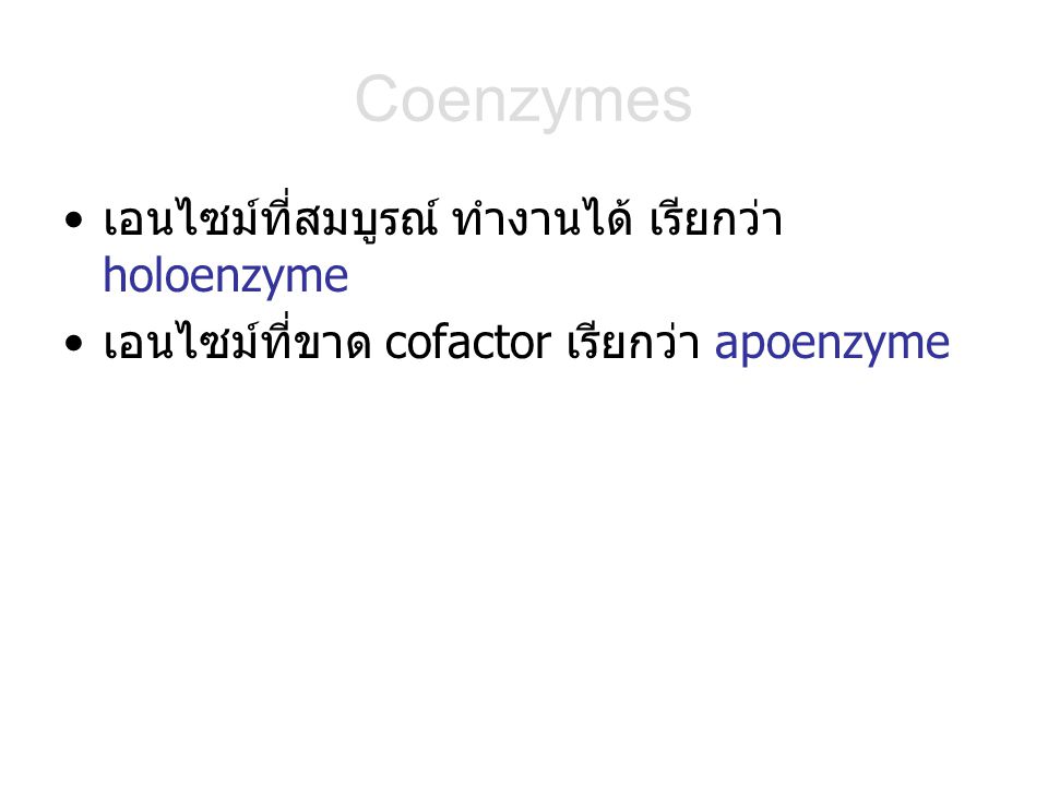 Coenzymes เอนไซม์ที่สมบูรณ์ ทำงานได้ เรียกว่า holoenzyme