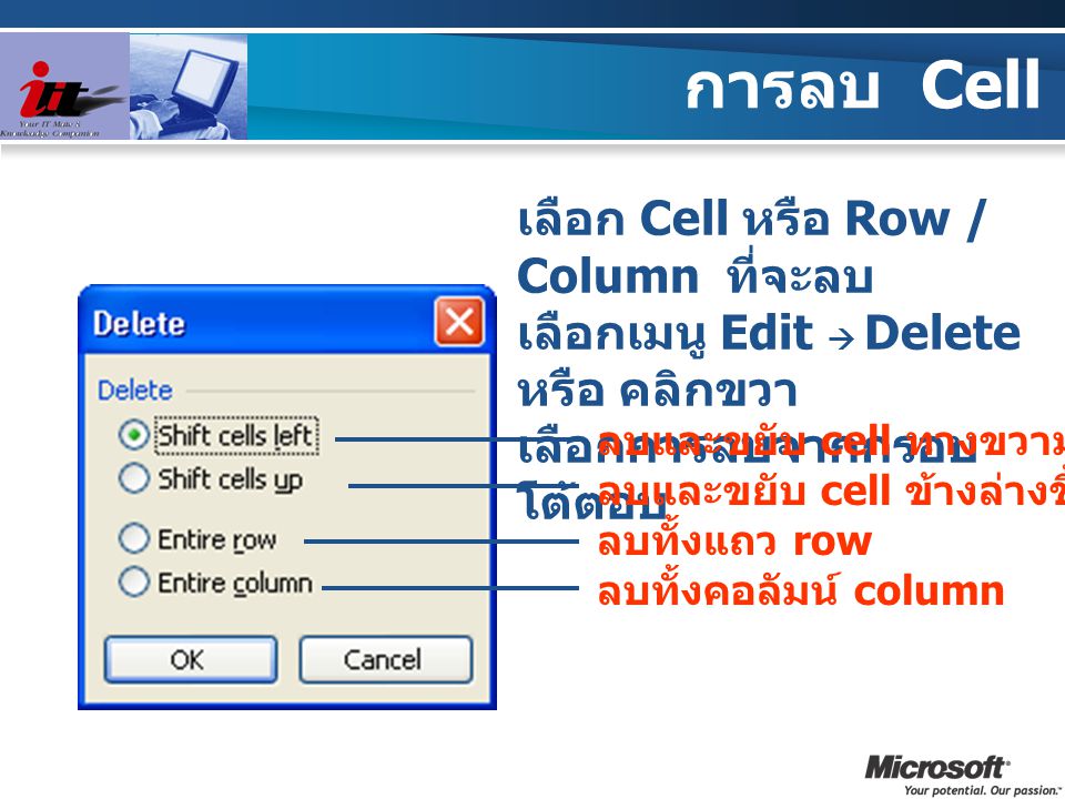 การลบ Cell เลือก Cell หรือ Row / Column ที่จะลบ