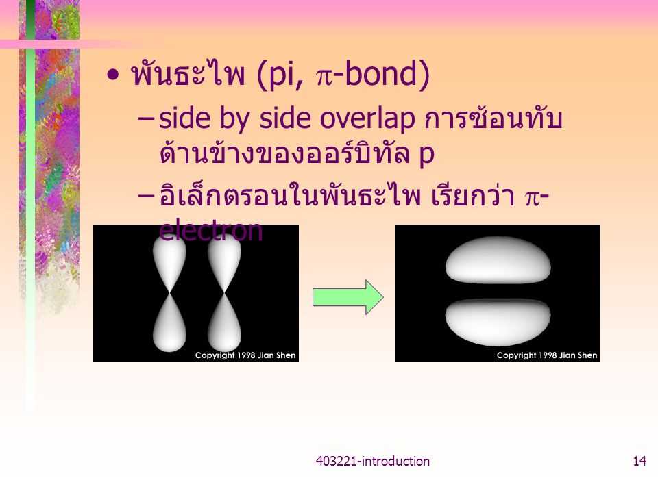 พันธะไพ (pi, p-bond) side by side overlap การซ้อนทับด้านข้างของออร์บิทัล p. อิเล็กตรอนในพันธะไพ เรียกว่า p-electron.