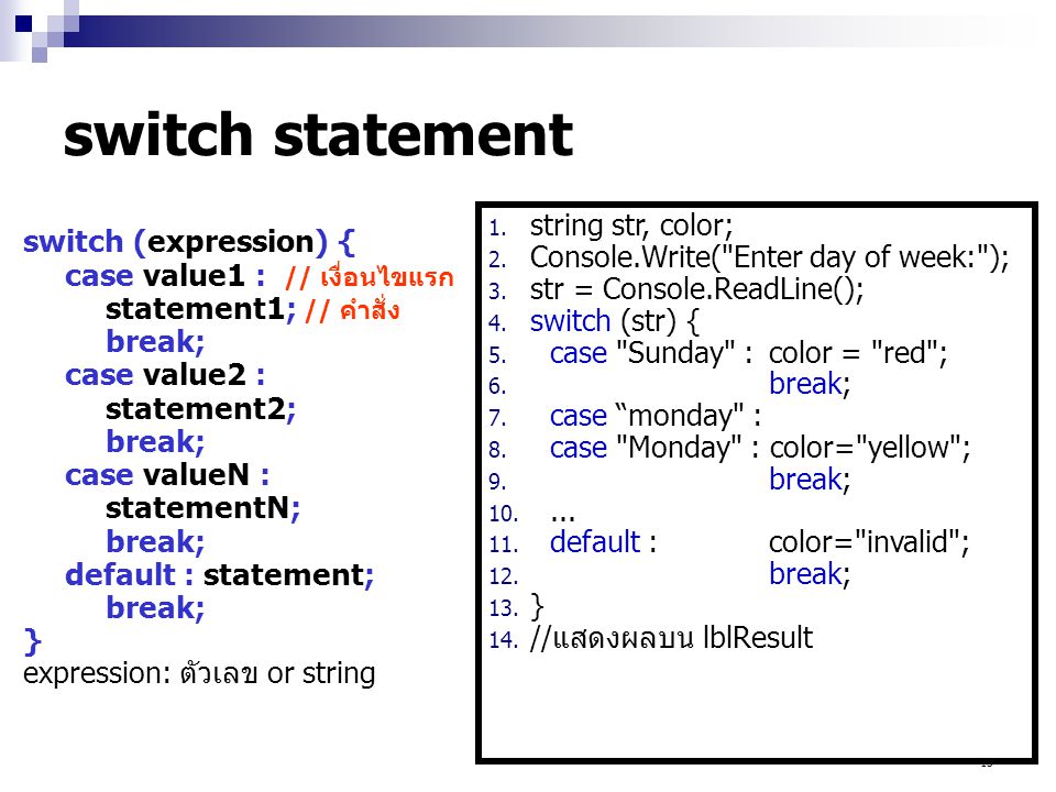 switch statement switch (expression) { case value1 : // เงื่อนไขแรก
