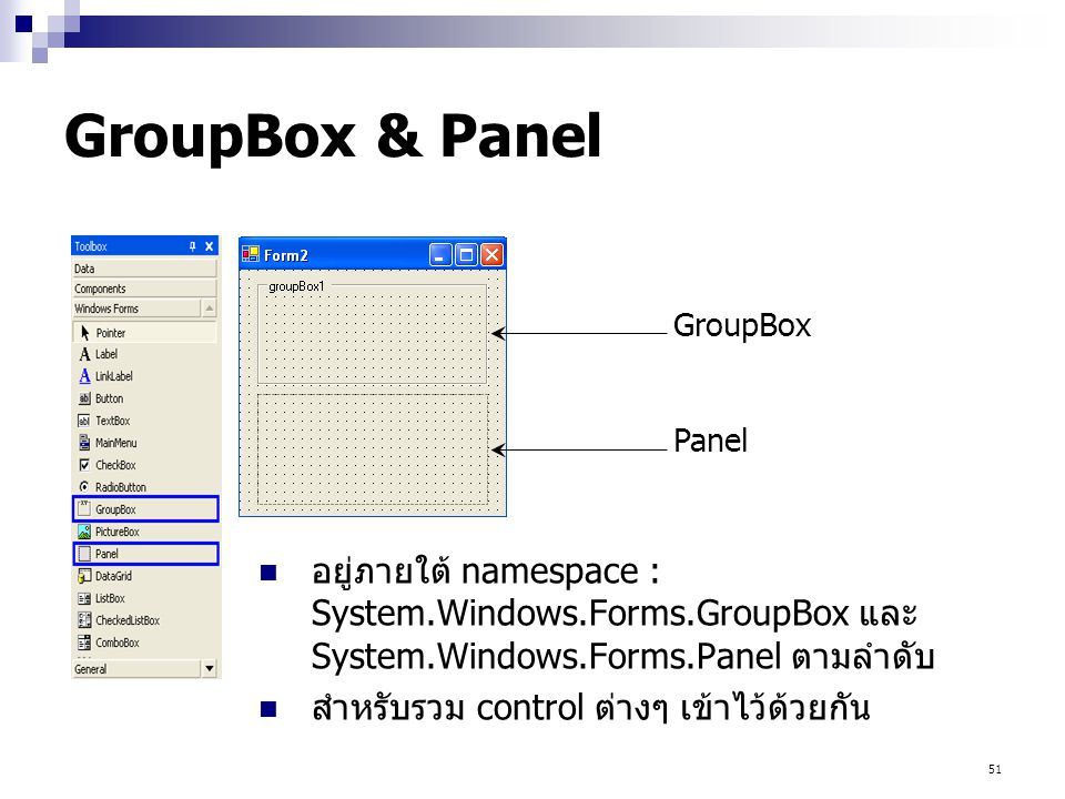 GroupBox & Panel GroupBox. Panel. อยู่ภายใต้ namespace : System.Windows.Forms.GroupBox และ System.Windows.Forms.Panel ตามลำดับ.