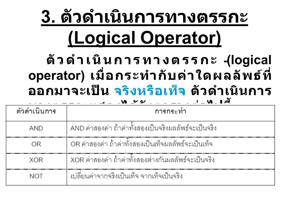 3. ตัวดําเนินการทางตรรกะ (Logical Operator)