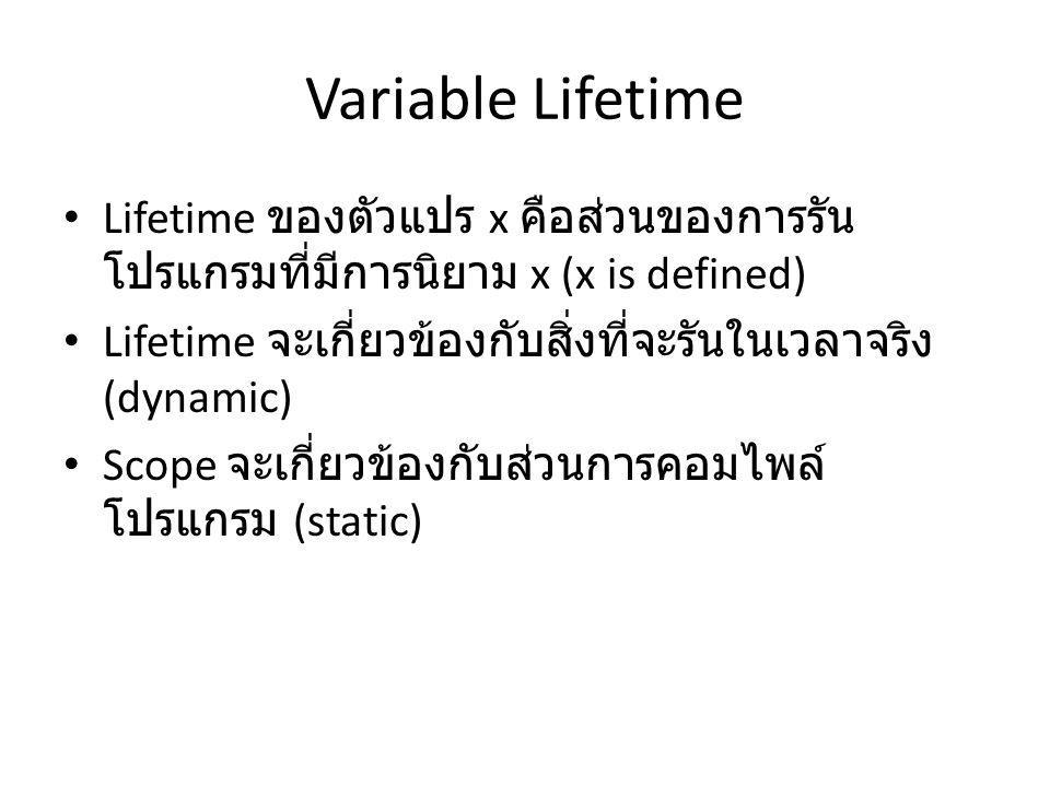 Variable Lifetime Lifetime ของตัวแปร x คือส่วนของการรันโปรแกรมที่มีการนิยาม x (x is defined)