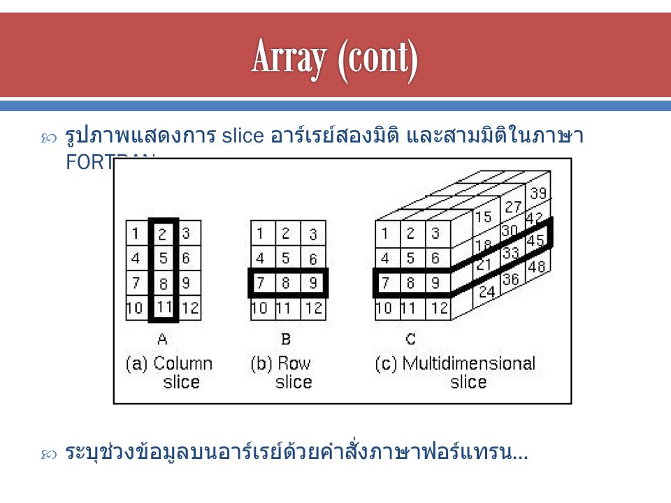 Array (cont) รูปภาพแสดงการ slice อาร์เรย์สองมิติ และสามมิติในภาษา FORTRAN.