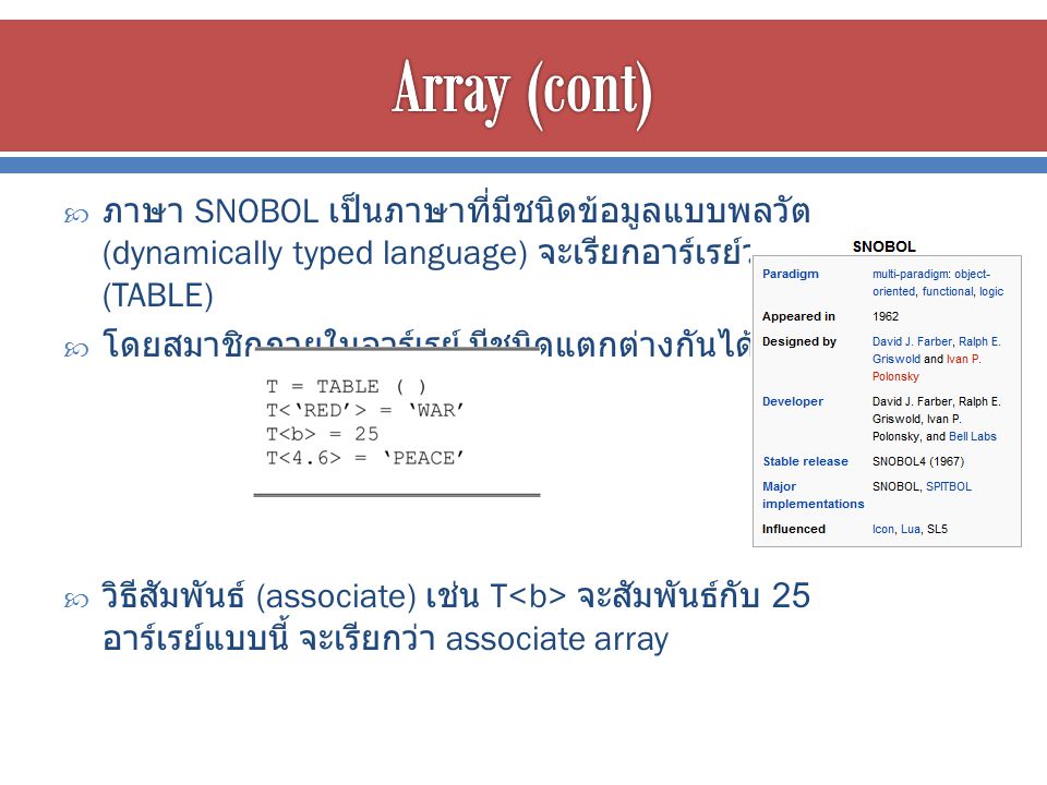 Array (cont) ภาษา SNOBOL เป็นภาษาที่มีชนิดข้อมูลแบบพลวัต (dynamically typed language) จะเรียกอาร์เรย์ว่า เทเบิล (TABLE)