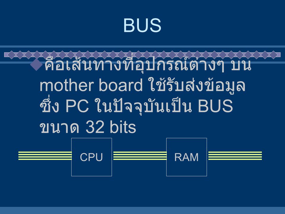 BUS คือเส้นทางที่อุปกรณ์ต่างๆ บน mother board ใช้รับส่งข้อมูล ซึ่ง PC ในปัจจุบันเป็น BUS ขนาด 32 bits.