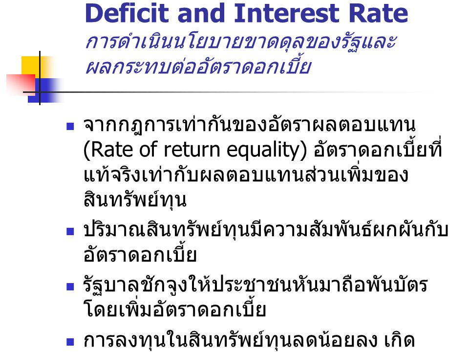 Deficit and Interest Rate การดำเนินนโยบายขาดดุลของรัฐและผลกระทบต่ออัตราดอกเบี้ย