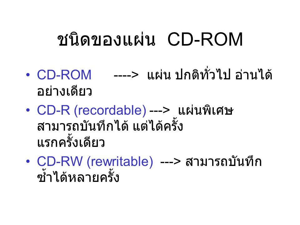 ชนิดของแผ่น CD-ROM CD-ROM ----> แผ่น ปกติทั่วไป อ่านได้อย่างเดียว