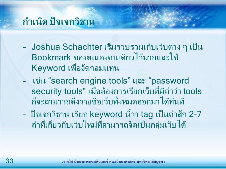 กำเนิด ปัจเจกวิธาน - Joshua Schachter เริ่มรวบรวมเก็บเว็บต่าง ๆ เป็น Bookmark ของตนเองคนเดียวไว้มากและใช้ Keyword เพื่อจัดกลุ่มแทน.