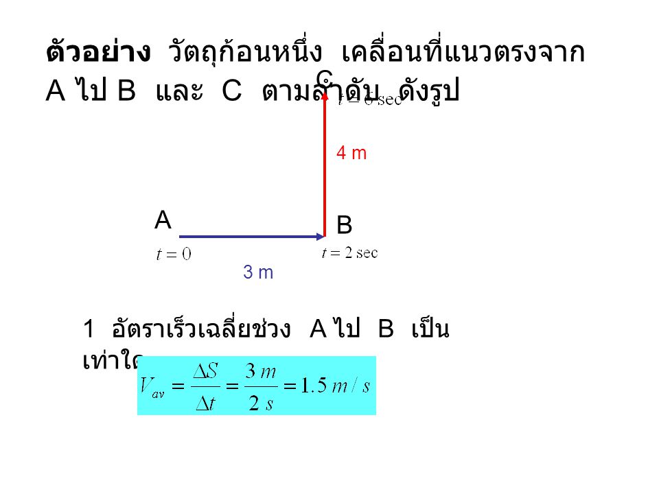 ตัวอย่าง วัตถุก้อนหนึ่ง เคลื่อนที่แนวตรงจาก A ไป B และ C ตามลำดับ ดังรูป