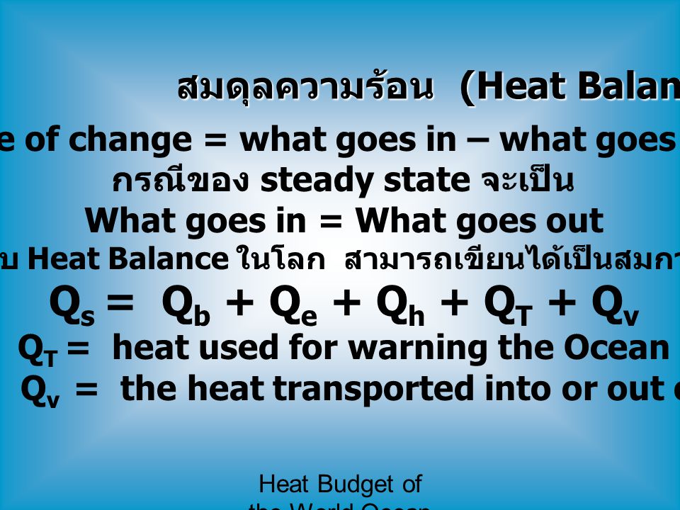 Qs = Qb + Qe + Qh + QT + Qv สมดุลความร้อน (Heat Balance)