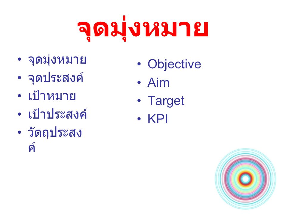 จุดมุ่งหมาย จุดมุ่งหมาย Objective จุดประสงค์ Aim เป้าหมาย Target