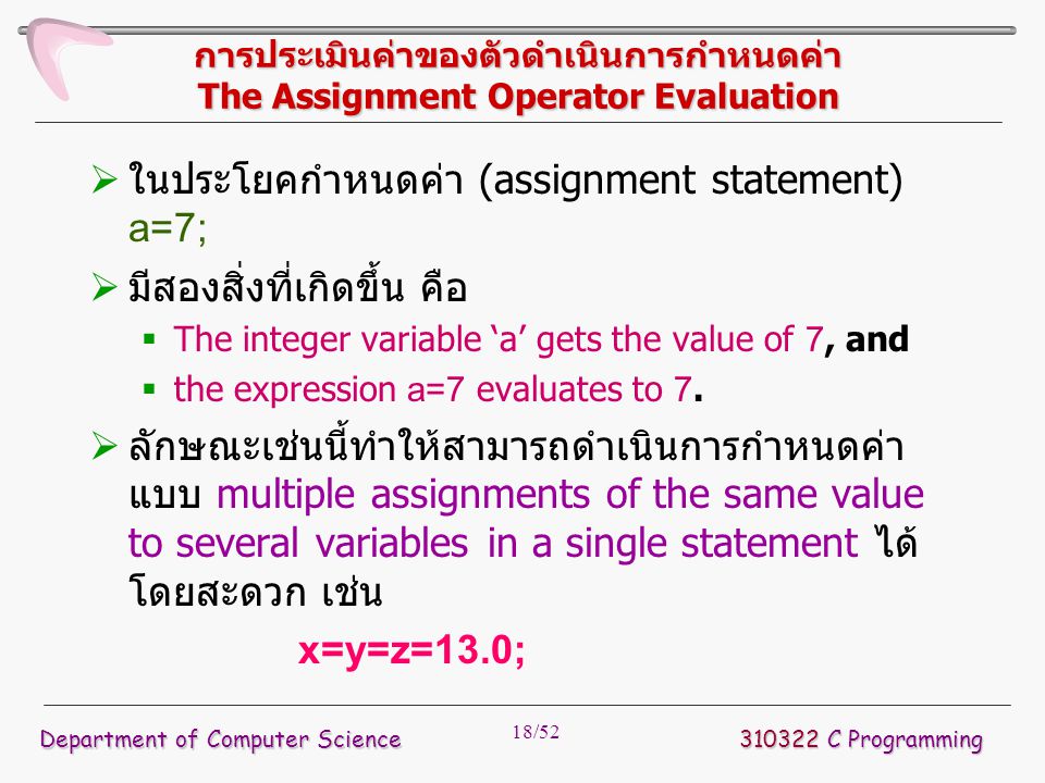 ในประโยคกำหนดค่า (assignment statement) a=7; มีสองสิ่งที่เกิดขึ้น คือ