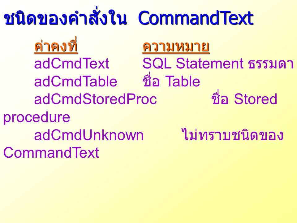 ชนิดของคำสั่งใน CommandText