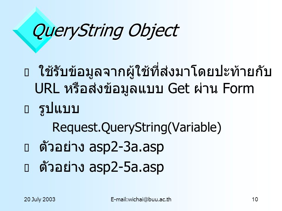 20 July 2001 QueryString Object. ใช้รับข้อมูลจากผู้ใช้ที่ส่งมาโดยปะท้ายกับ URL หรือส่งข้อมูลแบบ Get ผ่าน Form.