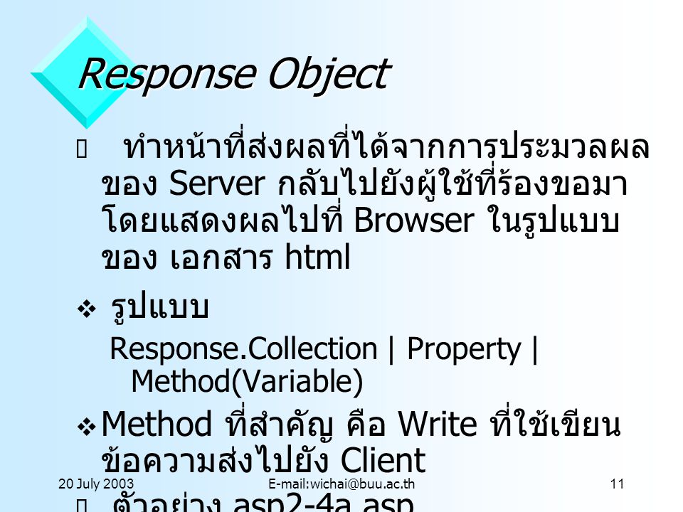 20 July 2001 Response Object. ทำหน้าที่ส่งผลที่ได้จากการประมวลผลของ Server กลับไปยังผู้ใช้ที่ร้องขอมา โดยแสดงผลไปที่ Browser ในรูปแบบของ เอกสาร html.