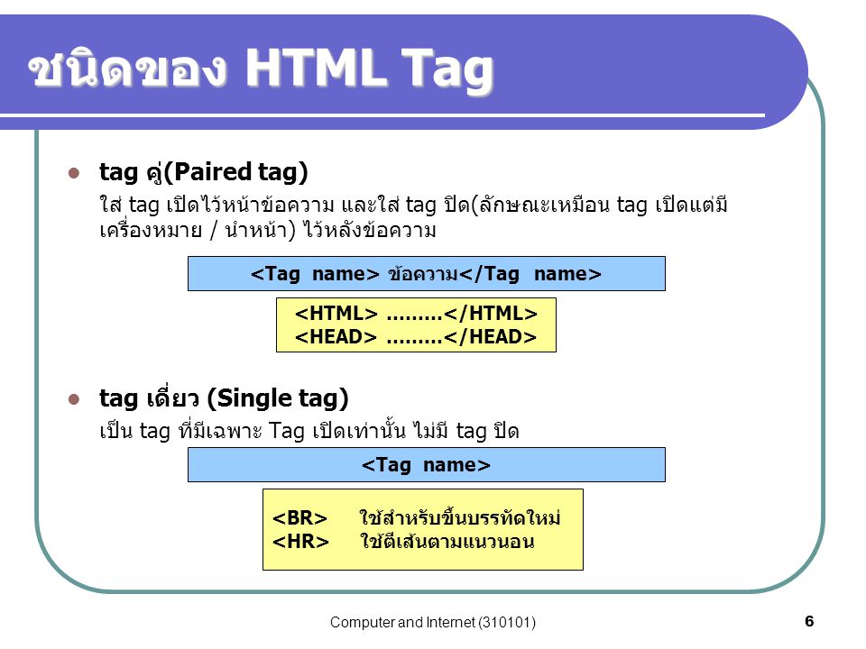 ชนิดของ HTML Tag tag คู่(Paired tag) tag เดี่ยว (Single tag)