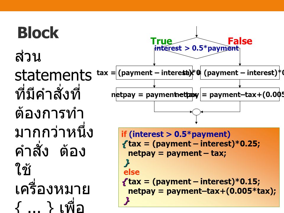 Block interest > 0.5*payment. tax = (payment – interest)*0.25. tax = (payment – interest)*0.15. True.