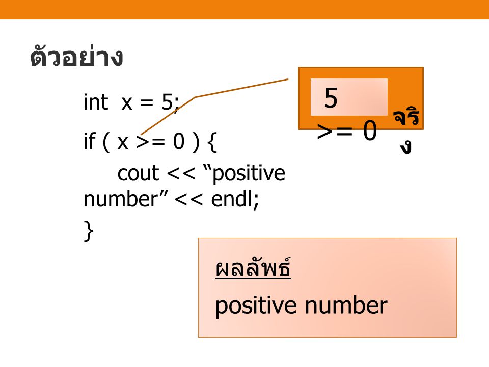 ตัวอย่าง 5 >= 0 จริง ผลลัพธ์ positive number