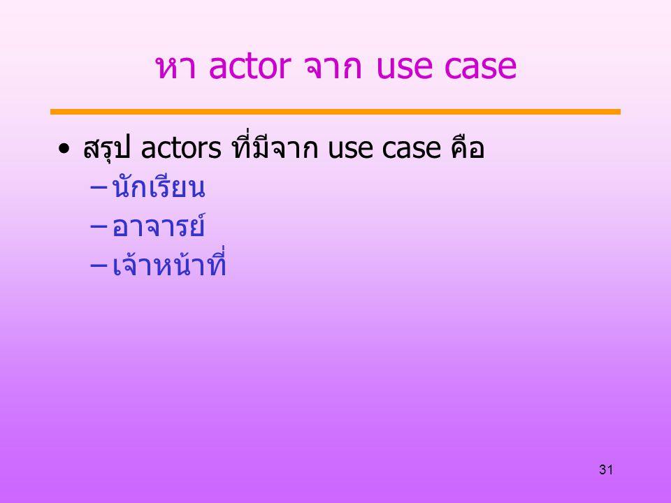 หา actor จาก use case สรุป actors ที่มีจาก use case คือ นักเรียน