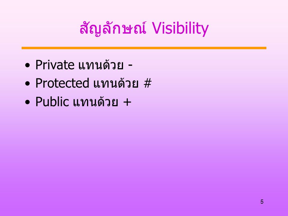 สัญลักษณ์ Visibility Private แทนด้วย - Protected แทนด้วย #
