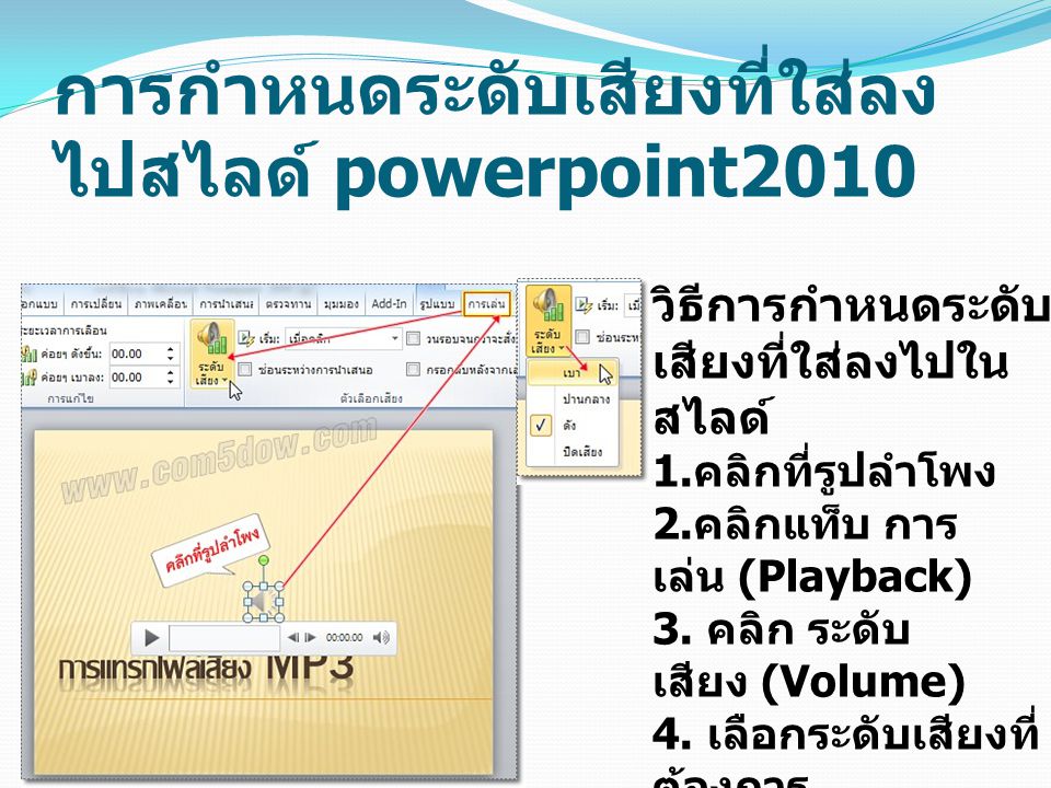 การกำหนดระดับเสียงที่ใส่ลงไปสไลด์ powerpoint2010
