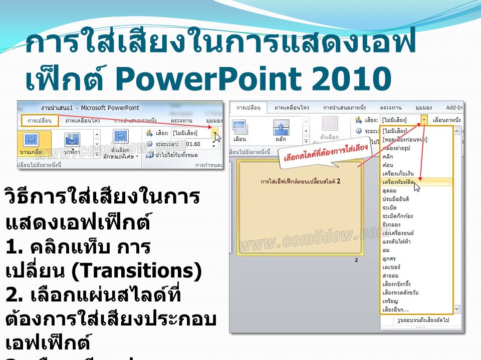 การใส่เสียงในการแสดงเอฟเฟ็กต์ PowerPoint 2010