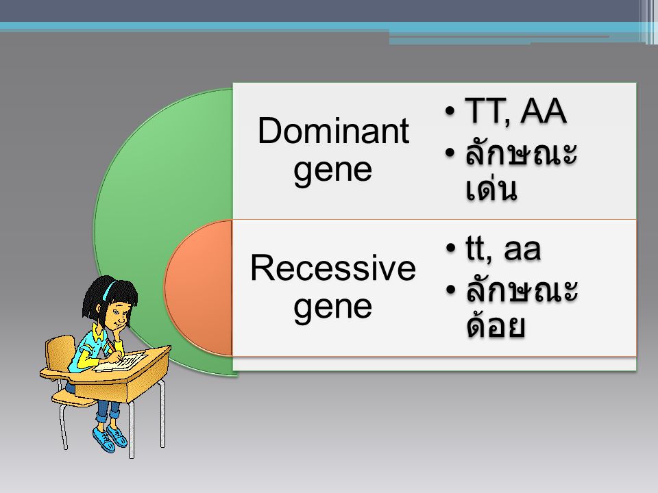 Dominant gene Recessive gene TT, AA ลักษณะเด่น tt, aa ลักษณะด้อย