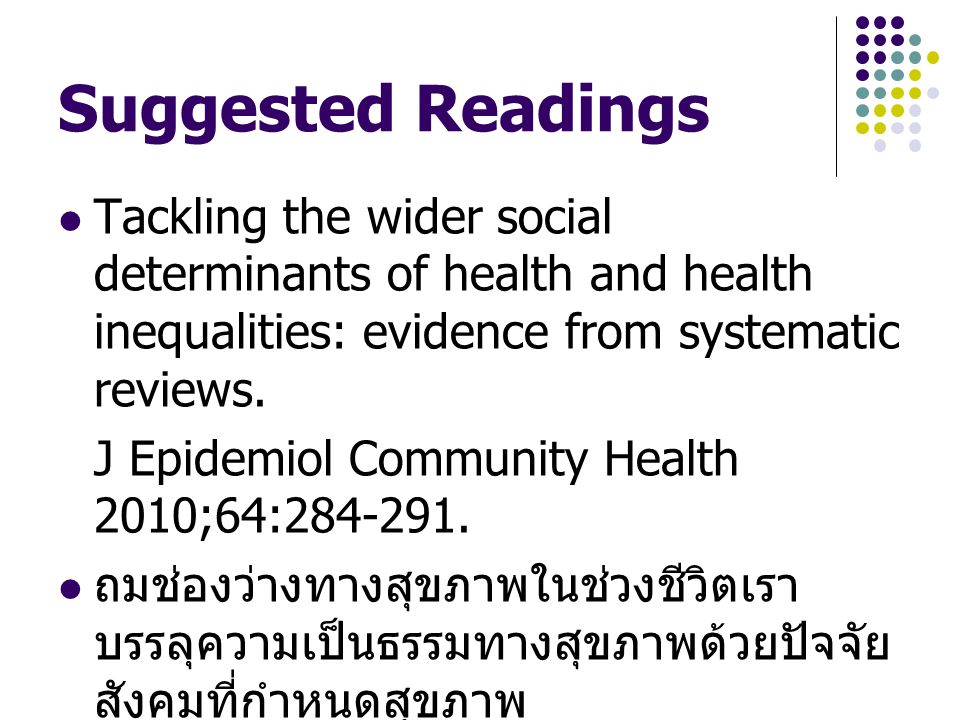 Suggested Readings Tackling the wider social determinants of health and health inequalities: evidence from systematic reviews.