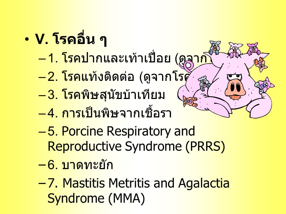 V. โรคอื่น ๆ 1. โรคปากและเท้าเปื่อย (ดูจากโรคโค)