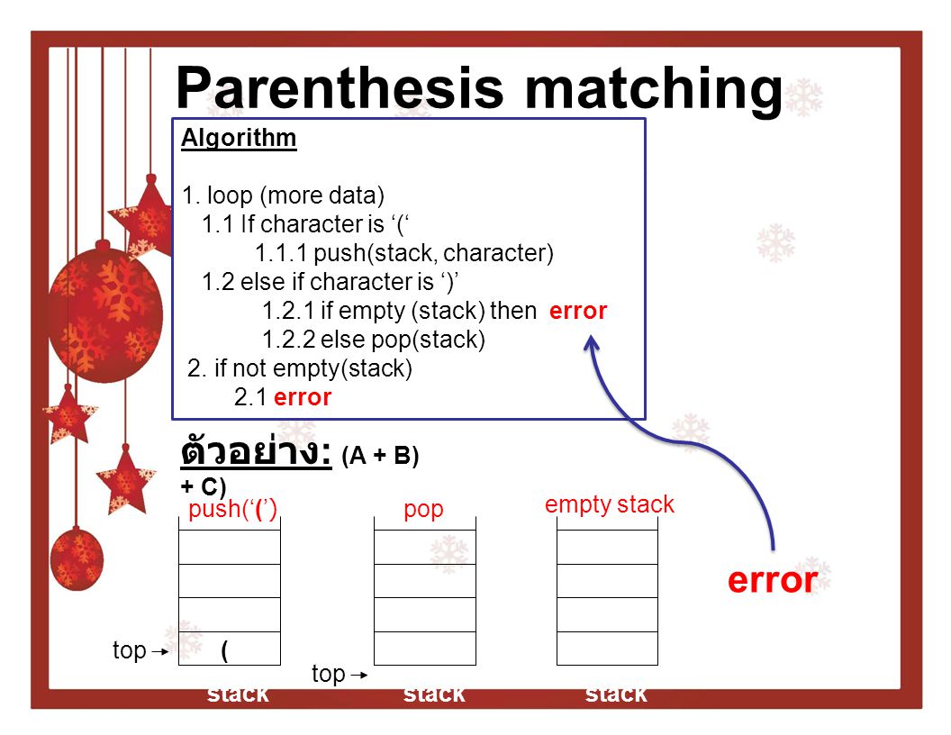 Parenthesis matching ตัวอย่าง: (A + B) + C) error Algorithm