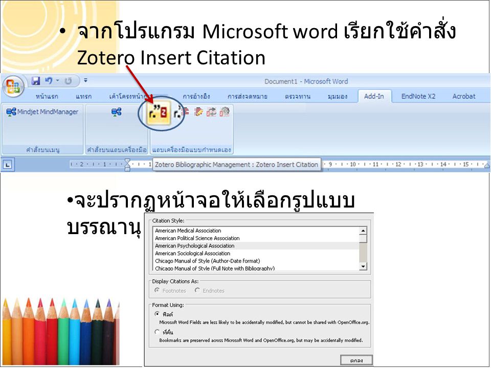 จากโปรแกรม Microsoft word เรียกใช้คำสั่ง Zotero Insert Citation
