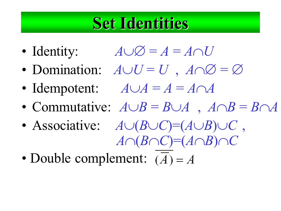 Set Identities Identity: A = A = AU Domination: AU = U , A = 