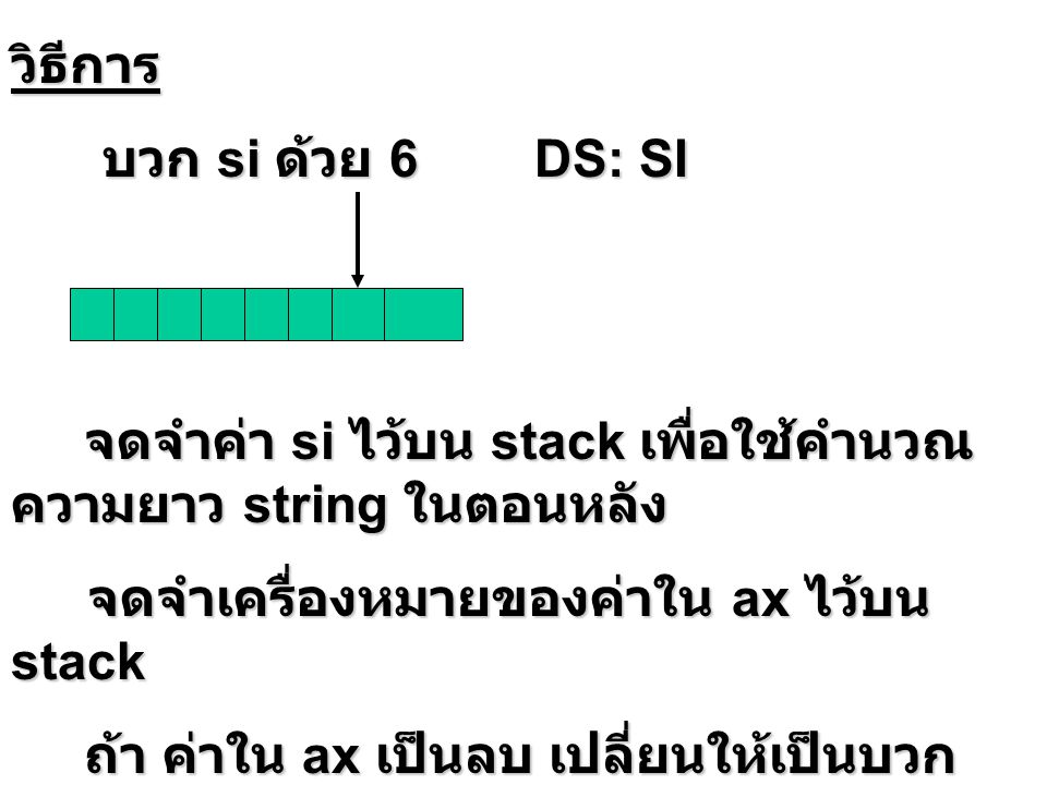 วิธีการ บวก si ด้วย 6 DS: SI. จดจำค่า si ไว้บน stack เพื่อใช้คำนวณความยาว string ในตอนหลัง.